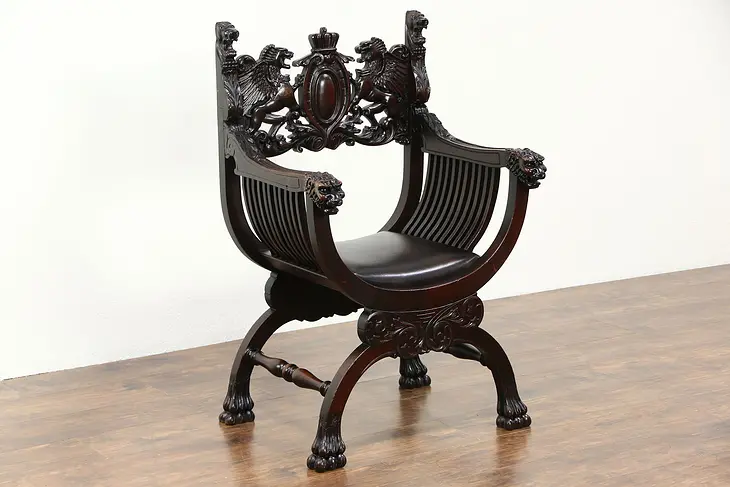 Savonarola Antique Italian Hall Chair, Carved Lions and Crest, Leather Seat