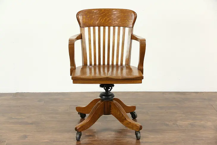Oak Swivel Adjustable 1910 Antique Desk Chair with Arms, Signed Marble of Ohio