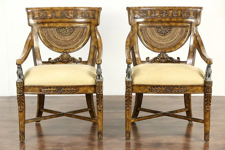 Maitland Smith Signed Pair of Carved Classical Chairs, Griffin Sculptures