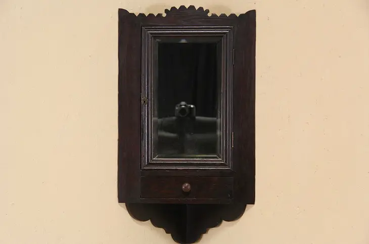 Folk Art 1890's Antique Corner Cupboard Medicine Cabinet, Beveled Mirror