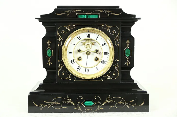 Black Slate 1880 Antique Signed French Clock, Open Escapement, Malachite Inlay