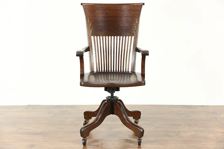 Oak Antique Swivel Adjustable Desk Chair, Arms & Wheels, Signed