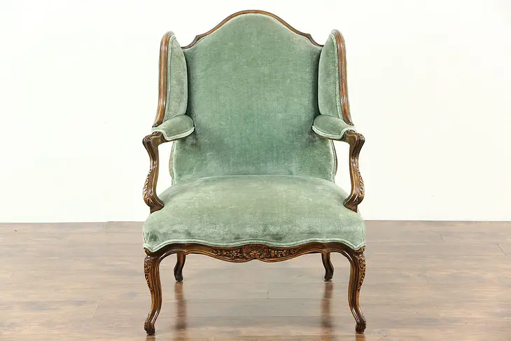 Country French Carved Fruitwood Vintage Large Wing Chair, Recent Velvet