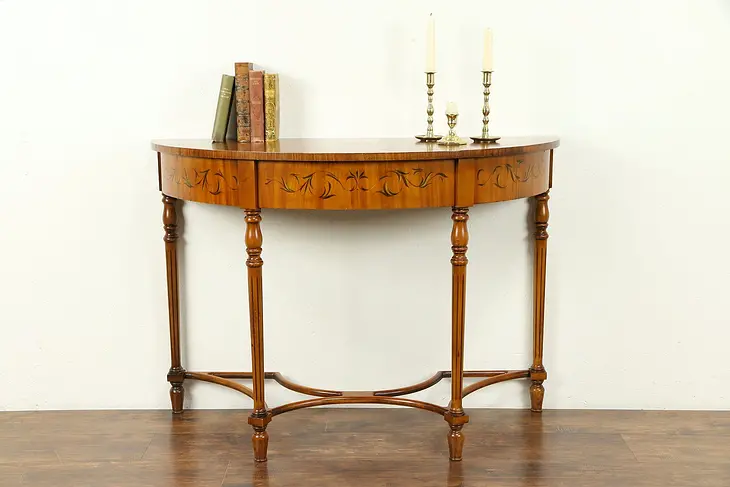 Demilune Half Round Vintage Hall Console Table, Hand Painted Angels #30934