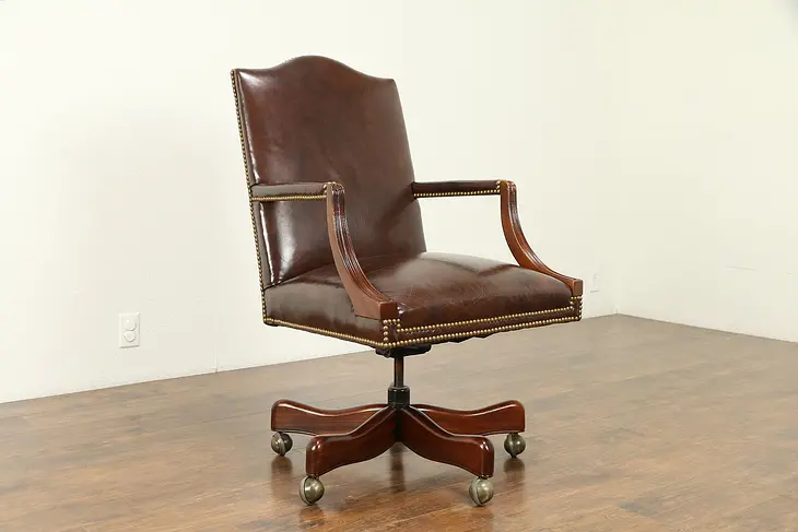 Leather & Mahogany Swivel Vintage Adjustable Desk Chair, Signed Hickory #31127
