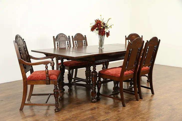 English Tudor Style Antique Oak & Walnut Dining Set, Table, 6 Chairs #31590