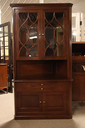 Fruitwood Corner Cabinet, Glass Doors and Drawers