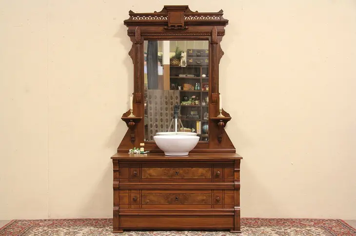 Victorian 1880 Antique Dresser or Vessel Sink Vanity, Secret Drawer & Mirror