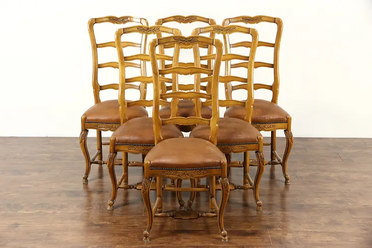 Set of 6 Carved Italian Vintage Dining Chairs, Leather Seats