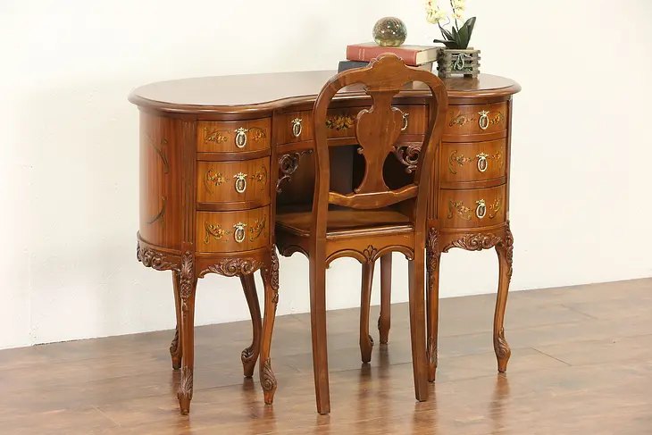 Hand Painted Satinwood 1925 Kidney Shape Desk & Chair Set