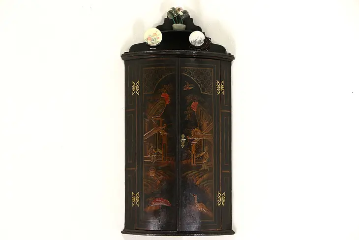 Chinese Hand Painted Lacquer 1880 Antique Hanging Corner Cabinet