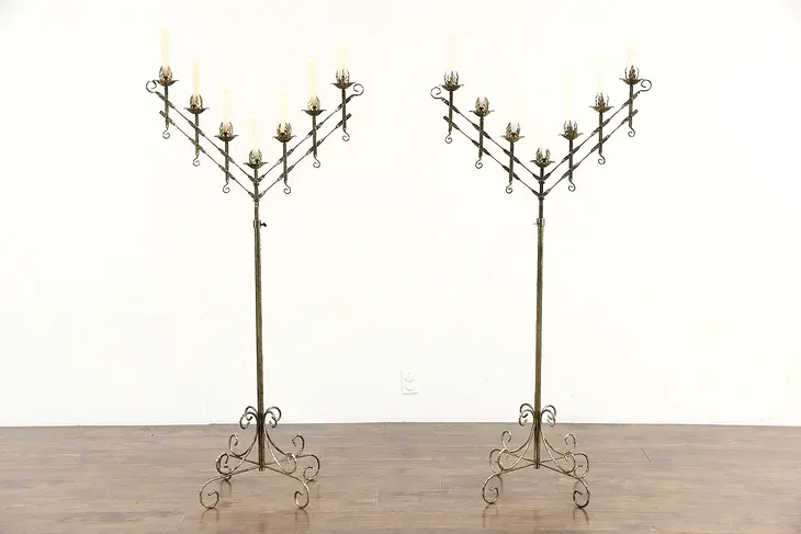 Pair Adjustable 7 Candle Vintage Wrought Iron Floor Candelabra