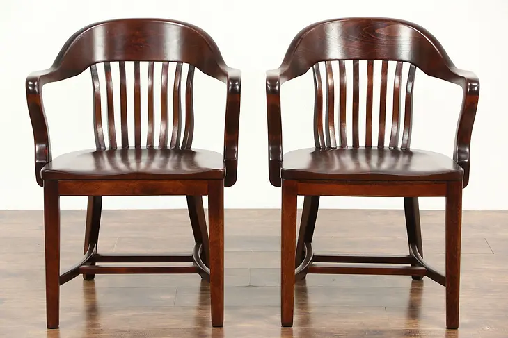 Pair of 1910 Antique Birch Hardwood Banker, Desk or Office Chairs No. 3