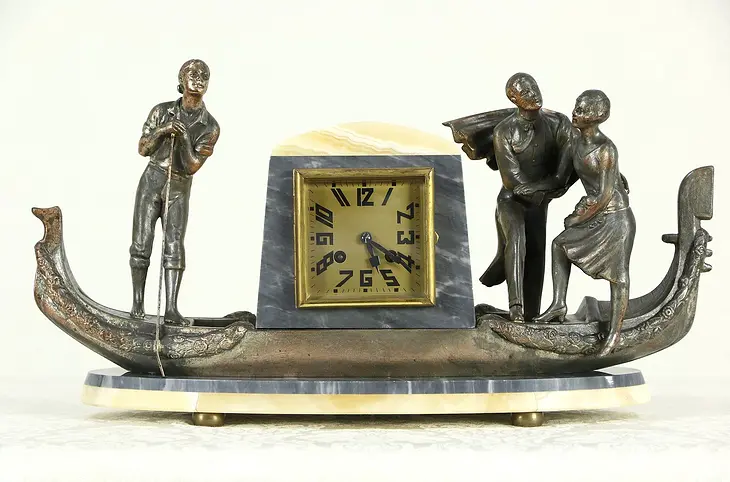 Art Deco French Onyx Mantel Clock, Venetian Gondola, Statues, Signed Japy Freres