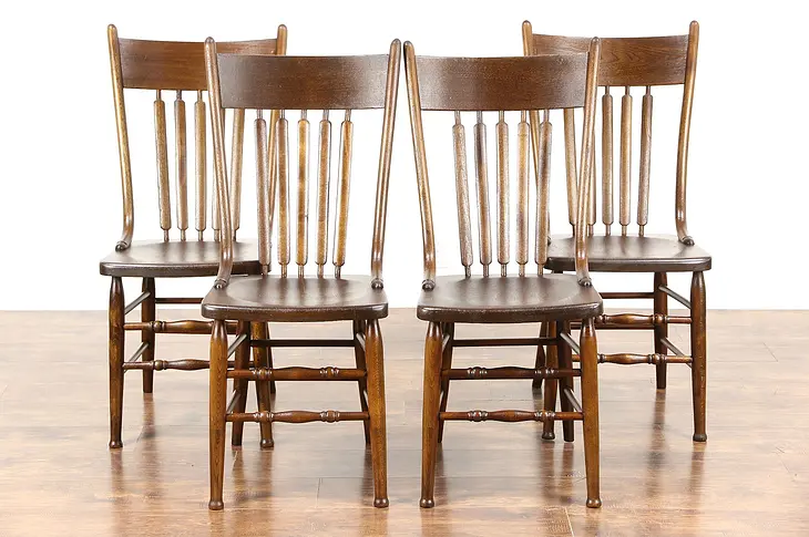 Set of 4 Farmhouse Kitchen Antique 1900 Elm Dining Chairs