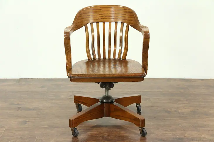 Oak Vintage Swivel Adjustable Desk Chair, Curved Lumbar Spindles