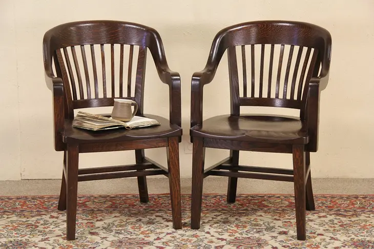 Pair of 1910 Antique Oak Banker, Office or Desk Chairs(B)