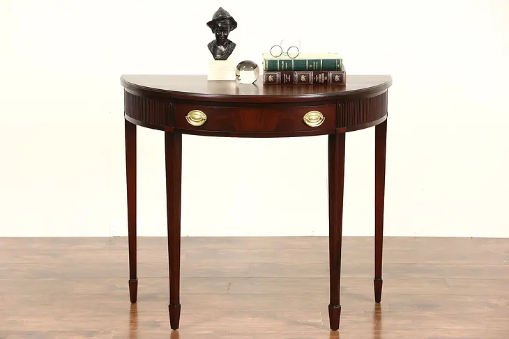 Demilune Half Round Traditional Vintage Mahogany Console Table, Signed Brandt