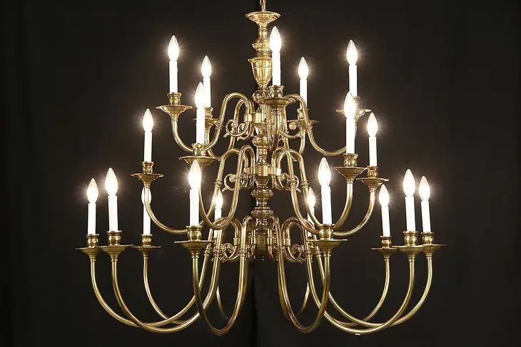 Georgian Style Chandelier, Vintage 3 Tier Patinated Brass, 20 Candles, 44" Tall