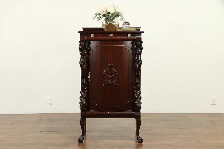 Mahogany Antique Music or Folio File Cabinet, Carved Figures, Paw Feet #32072