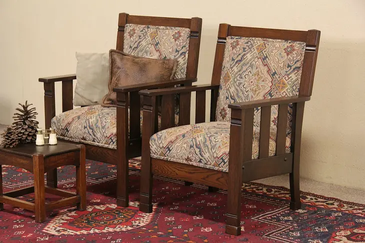 Pair of Arts & Crafts Mission Oak Antique 1905 Chairs, New Upholstery