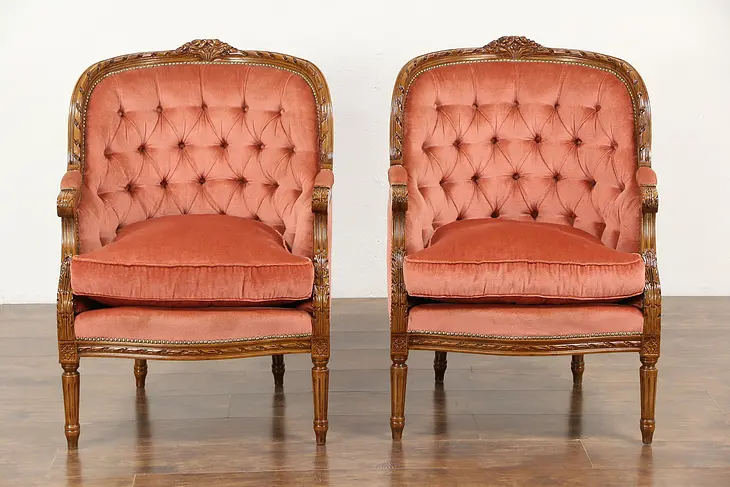 Pair of French Louis XVI Style Vintage Carved Chairs, Tufted Upholstery