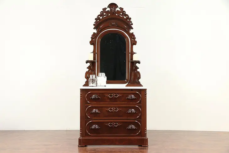 Victorian Antique Chest or Dresser, Carved Pulls, Marble Top, Mirror #29760