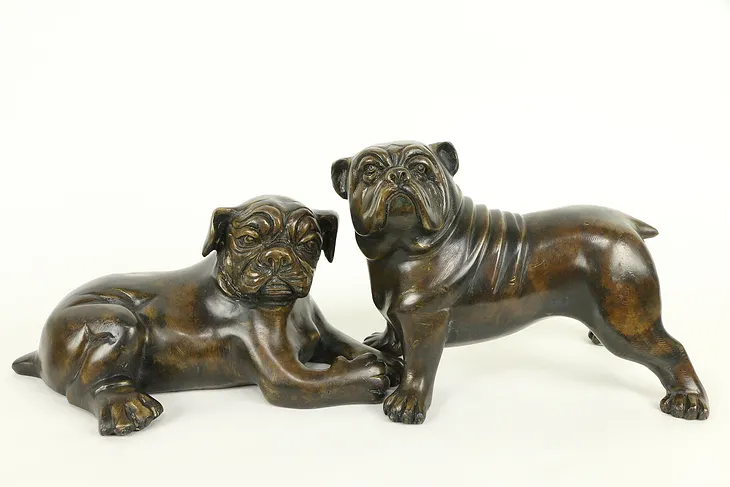 Pair of Vintage Bronze Standing & Sitting Bulldog Sculptures #31965
