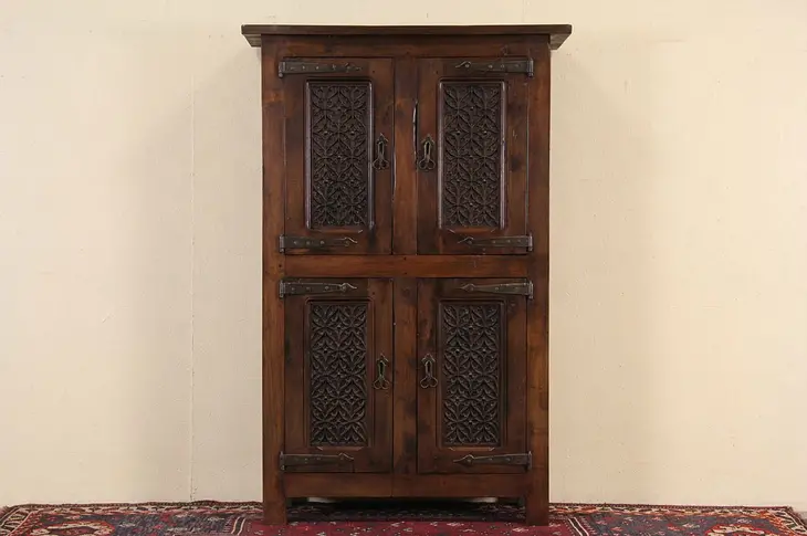 Spanish Colonial Hand Carved Vintage Fruitwood Cabinet or Linen Cupboard