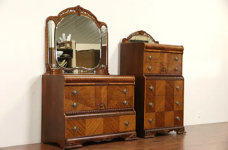 Pair Art Deco 1935 Vintage Waterfall Highboy & Dresser or Chest with Mirrors