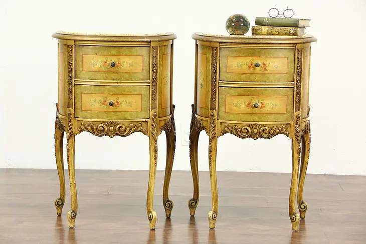 Pair of Marble Top 1930's Vintage Hand-Painted End Tables or Nightstands