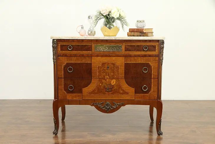 French Antique Rosewood Marquetry Chest, Cherub Plaque, Marble Top #31657