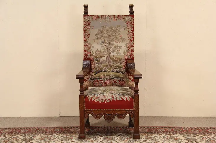 Oak & Needlepoint Antique 1890 Throne, Host or Hall Chair