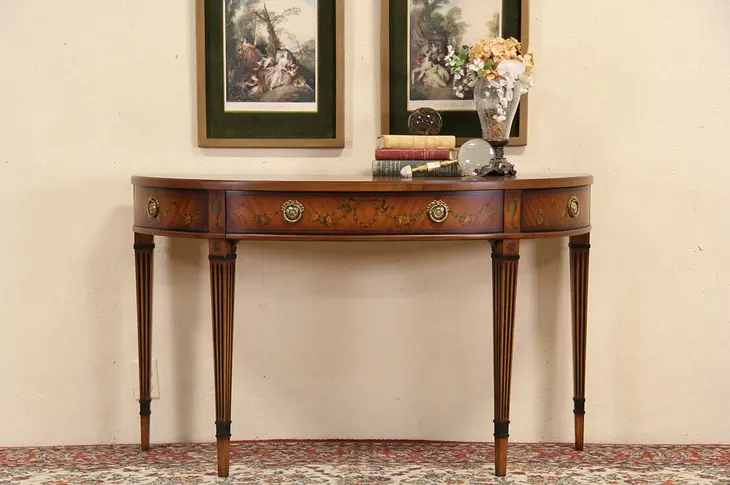 Demilune or Half Round 1920's Hall Console Table, Original Painting