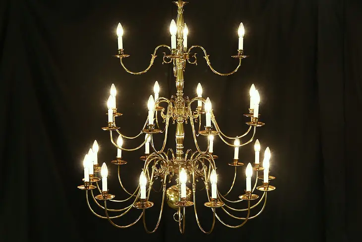Georgian Style Chandelier, Vintage 3 Tier Patinated Brass, 28 Candles, 47" Tall