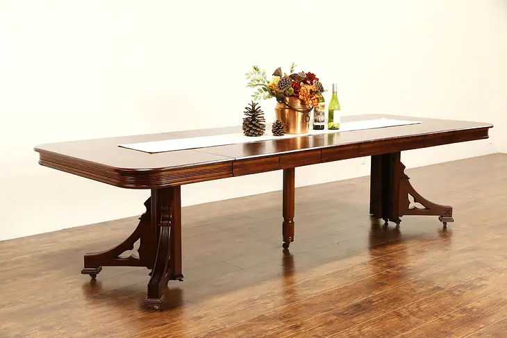 Victorian Eastlake 1885 Antique Mahogany Dining Table, 6 Leaves, Extends 9' 10"