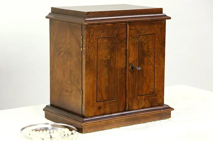 English Antique Burl Jewelry Chest or Collector Cabinet