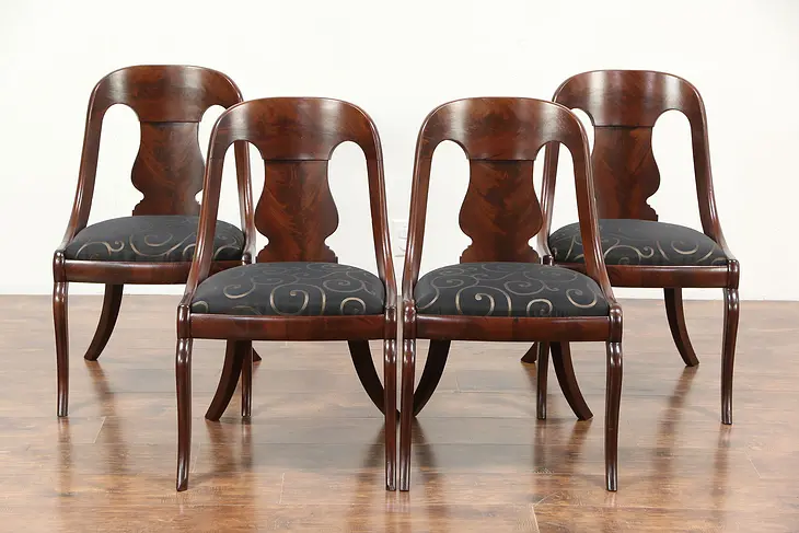 Set of 4 Empire 1825 Antique Dining or Game Chairs, New Upholstery
