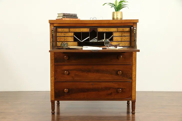 Walnut & Curly Maple Sheraton Antique 1820 Chest, Butler Secretary Desk #30357