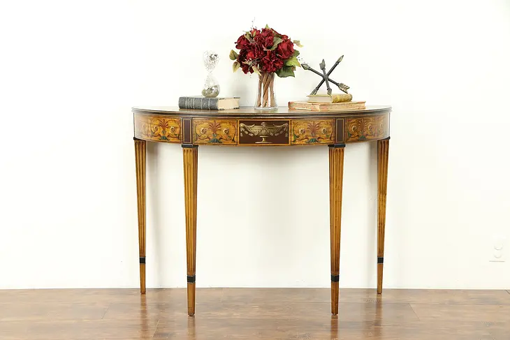 Hand Painted Satinwood Antique Demilune Hall Console Table, Lammerts #31019