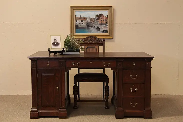 Classical Antique Oak Partner Desk, Raised Panels
