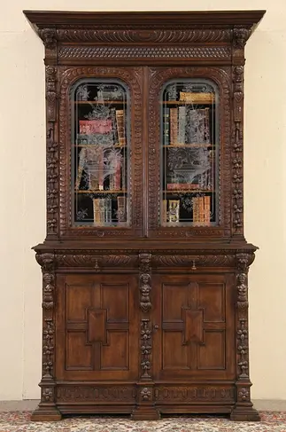 Renaissance Oak  Antique 1880 French Dowry Cabinet or Bookcase