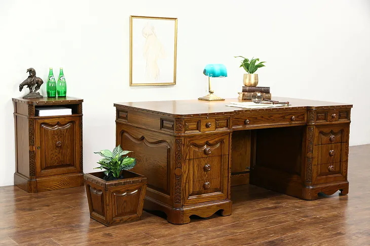 Romweber Carved Oak Vintage Library or Office 3 Pc. Desk Set, Cabinet & Basket