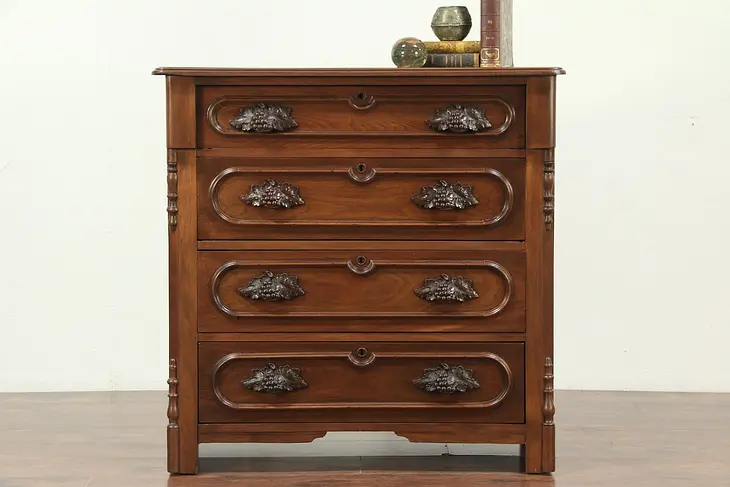 Victorian Walnut Antique 1880 Chest or Dresser, Grapevine Pulls #29152