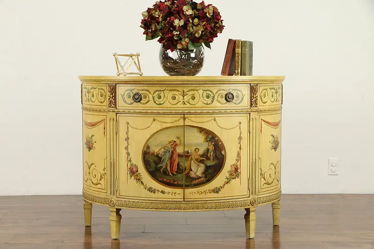 Classical Hand Painted Demilune Half Round Hall Console Cabinet  #30896