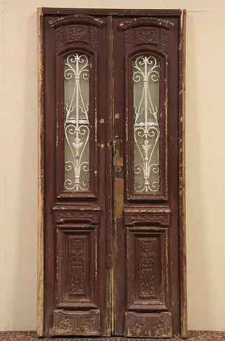 Pair of Architectural Salvage French Pine 1870 Antique Doors, Iron Grills