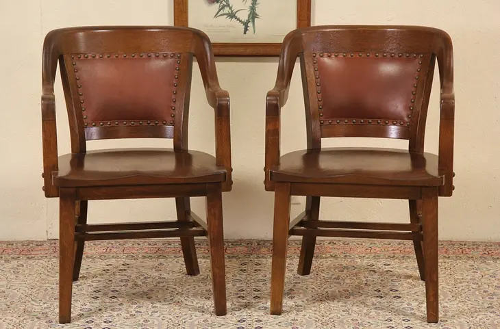 Pair of Oak & Leather 1915 Antique Banker Chairs