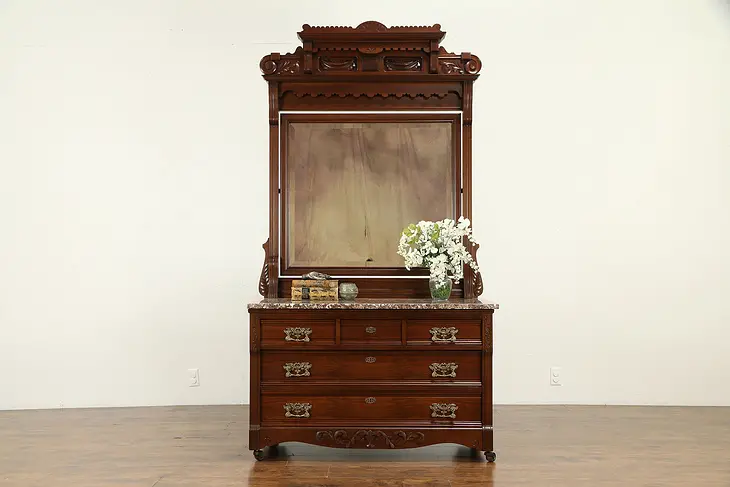 Victorian Antique Carved Walnut Chest or Dresser, Marble, Beveled Mirror #31766