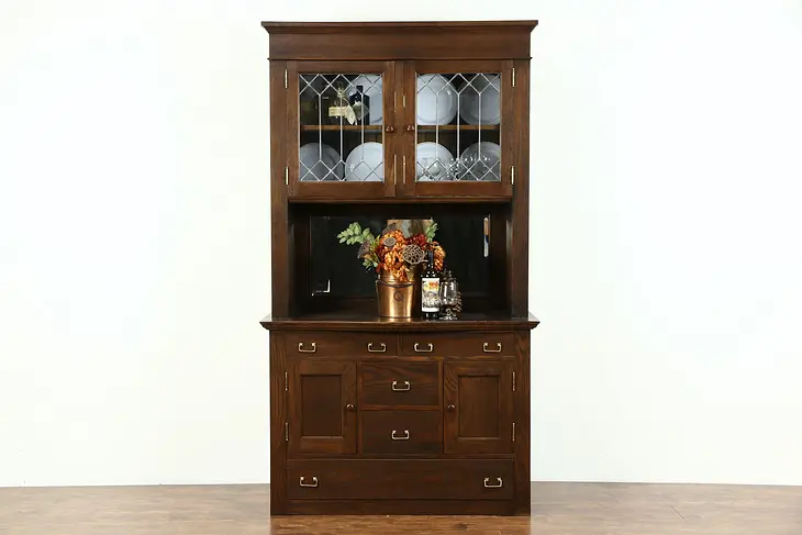 Oak 1900 Antique Pantry Cabinet, Sideboard & China, Leaded Glass Doors