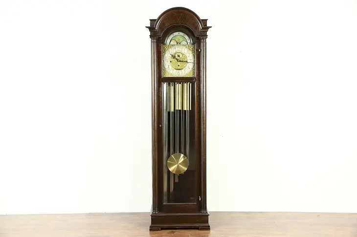 German 1910 Antique Long Case Grandfather Clock, 5 Tube Chime, Signed Bauerle